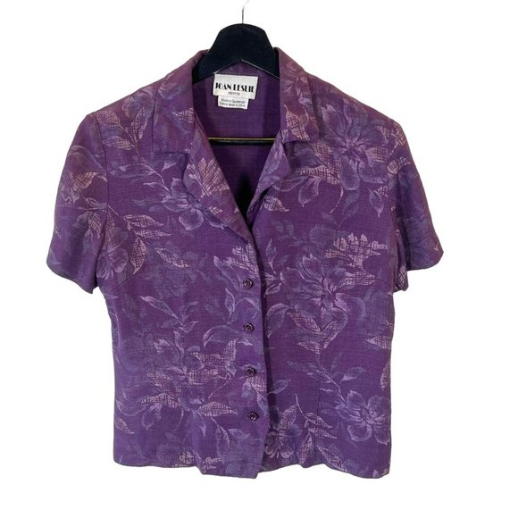 Vintage Tops - Vintage 90s Purple Floral Button Up Short Sleeve Top Small